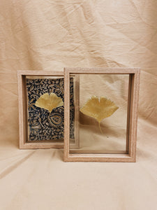 Golden Ginkgo in small wood color floating frame (with or without Indian Fabric)