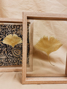 Golden Ginkgo in small wood color floating frame (with or without Indian Fabric)