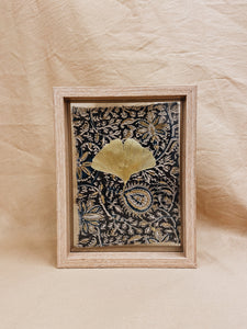 Golden Ginkgo in small wood color floating frame (with or without Indian Fabric)