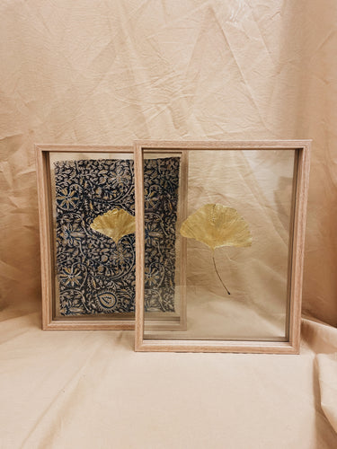 Golden Ginkgo in big wood color floating frame (with or without Indian Fabric)