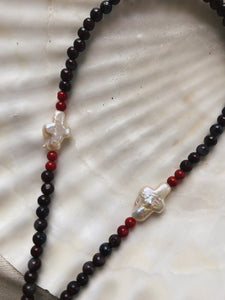 Brown Jasper, Red Coral and Pearl Cord