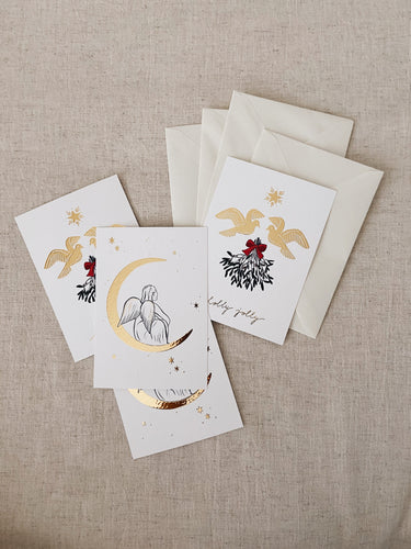 Set of 4 Christmas Cards - 2 Moon Angel / 2 Holly Jolly